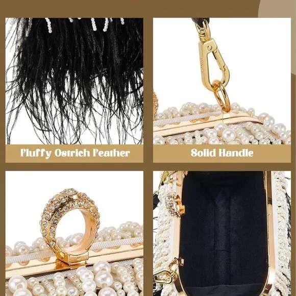 Women Ostrich Feather Tote Bag Fluffy Purse Clutch Feather Evening Handbag for W